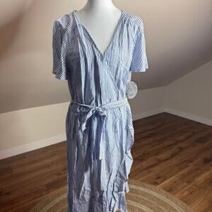 Naïf Blue & White Coastal Stripe Wrap Dress NWT Size L Beachy Cottagecore